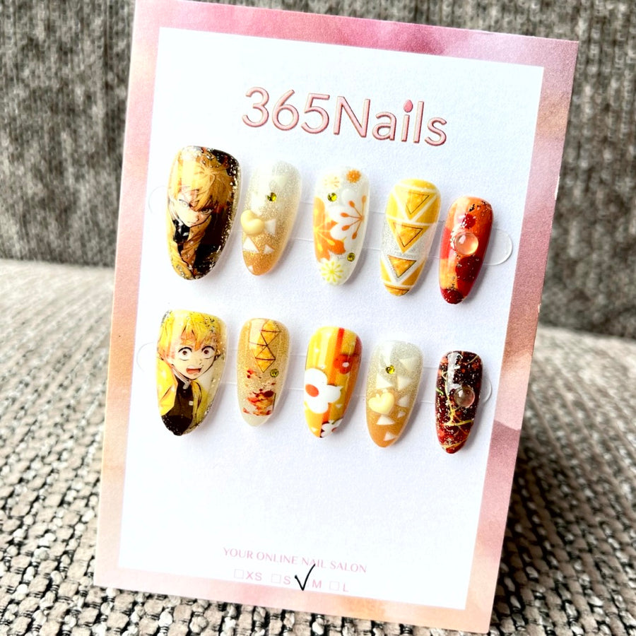 365nails: "Demon Slayer Zenitsu Agatsuma" – Handmade Short Almond Press-On Nails