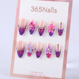 Nude pink and purple tiger stripe French style × 3D flower rhinestone press on nail