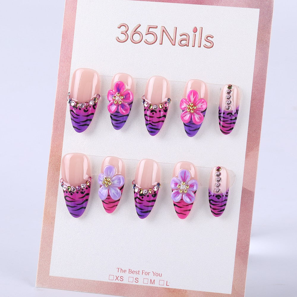 Nude pink and purple tiger stripe French style × 3D flower rhinestone press on nail