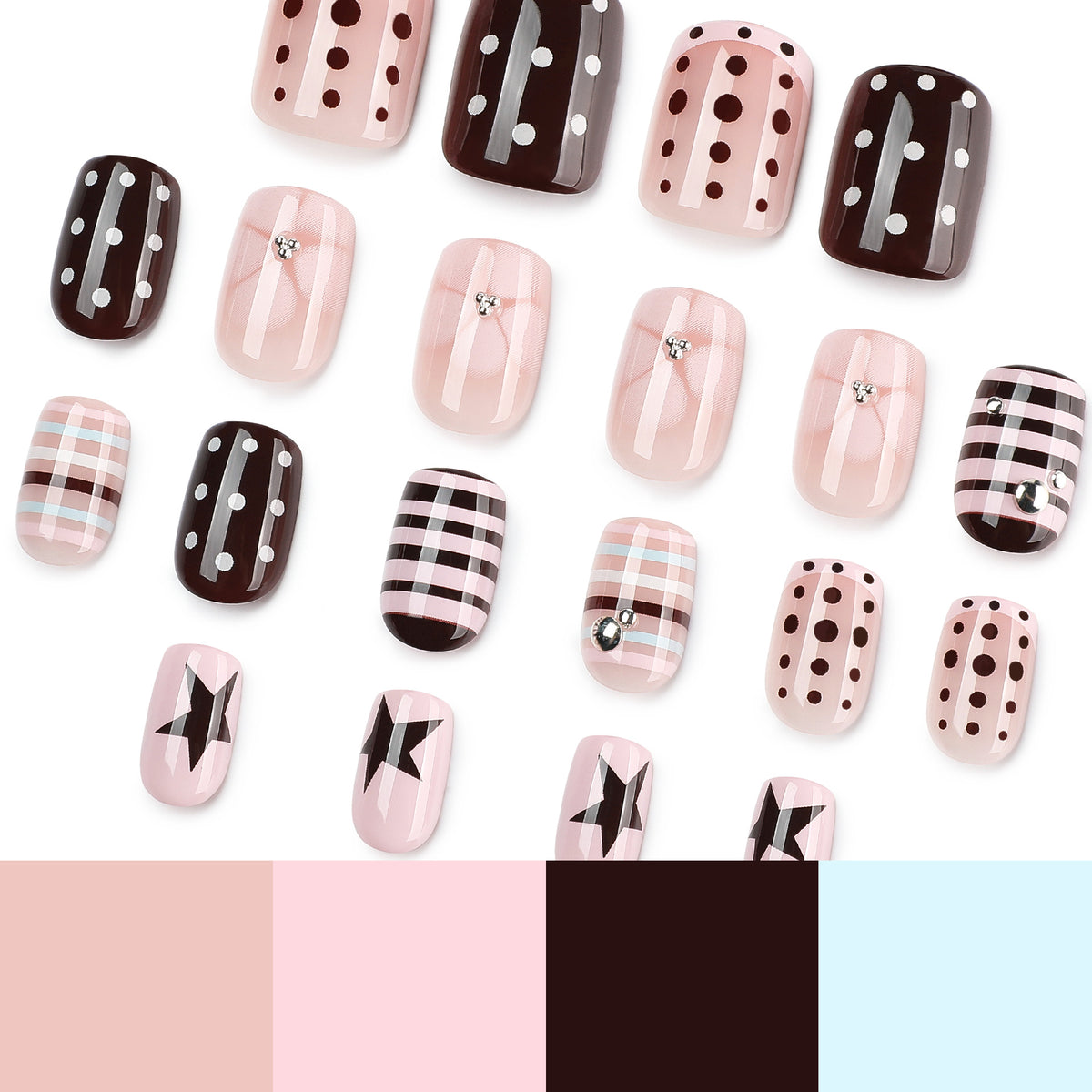 Assorted press-on nails in pink, brown, and blue with star, dot, and plaid patterns above color swatches.