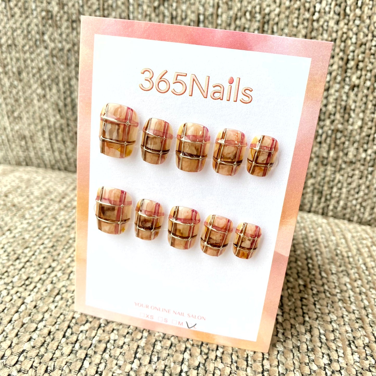 365nails: "Autumn Grid" – Watercolor Plaid & 3D Metallic Grid Handmade Squoval Nails