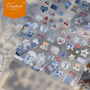 Denim Teddy Collection: "Denim Teddy & Cherry" – 3D Embossed Nail Sticker