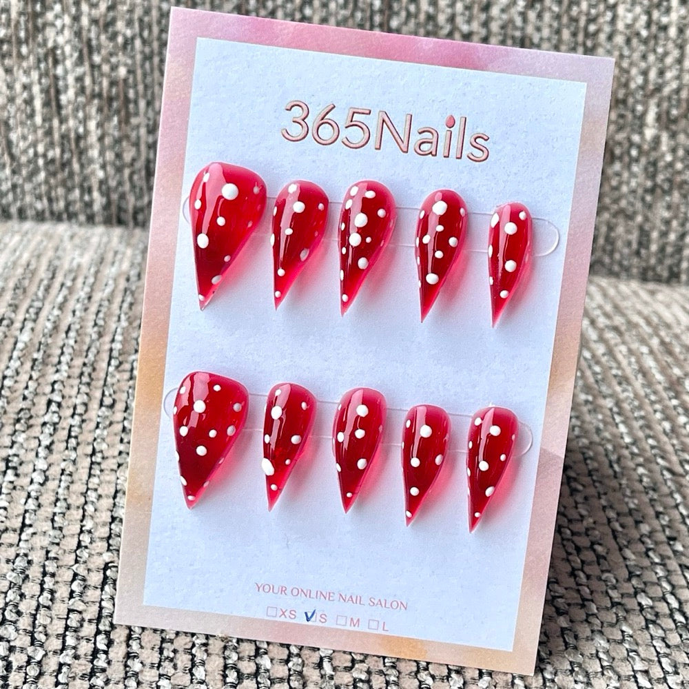 365nails: "Jelly Transparent à Pois Rouges et Blancs" – Classique Fait Main Ongles Longs Forme Stiletto