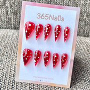 365nails: "Jelly Transparent à Pois Rouges et Blancs" – Classique Fait Main Ongles Longs Forme Stiletto