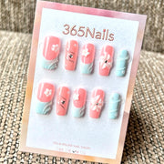 "Pink Blue French Floral Crystal" - Wholesale Ultra-Soft Flexible Fit Handmade Nails (MOQ=100)