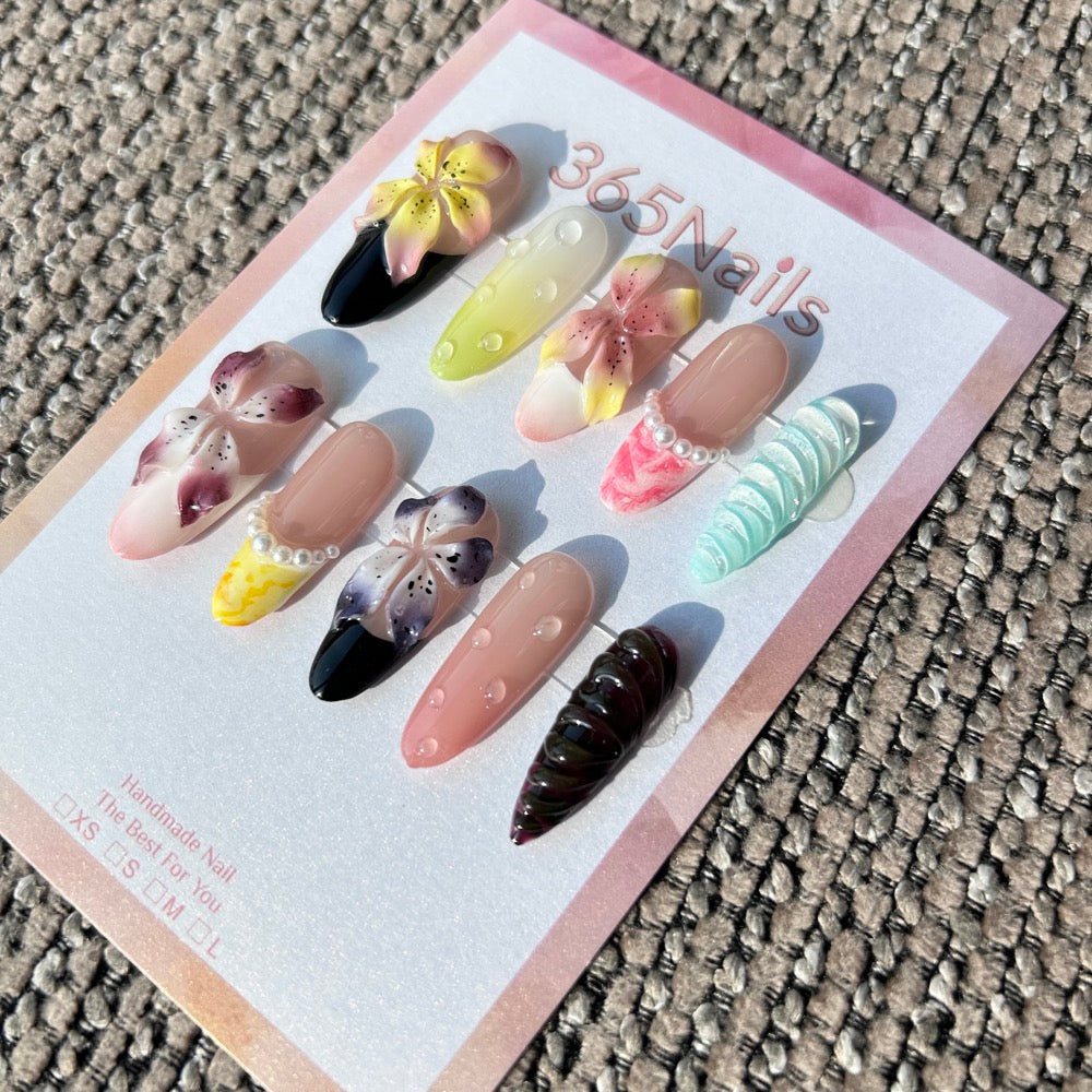 Handmade Eclectic Garden 3D Orchid Press-on Nails | Pearl Chains & Ribbed Texture | Medium Almond