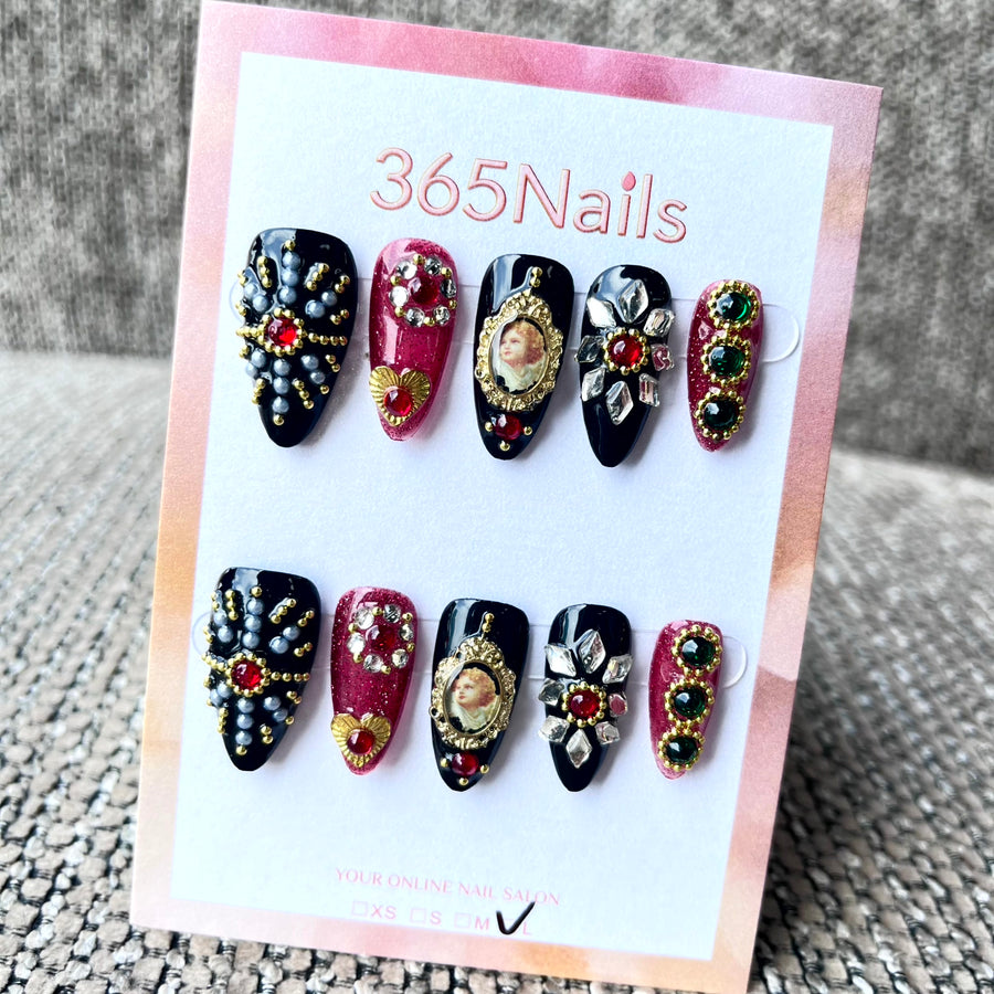 365nails 빈티지 초상화 라인스톤 수제 숏 아몬드형 프레스온 네일