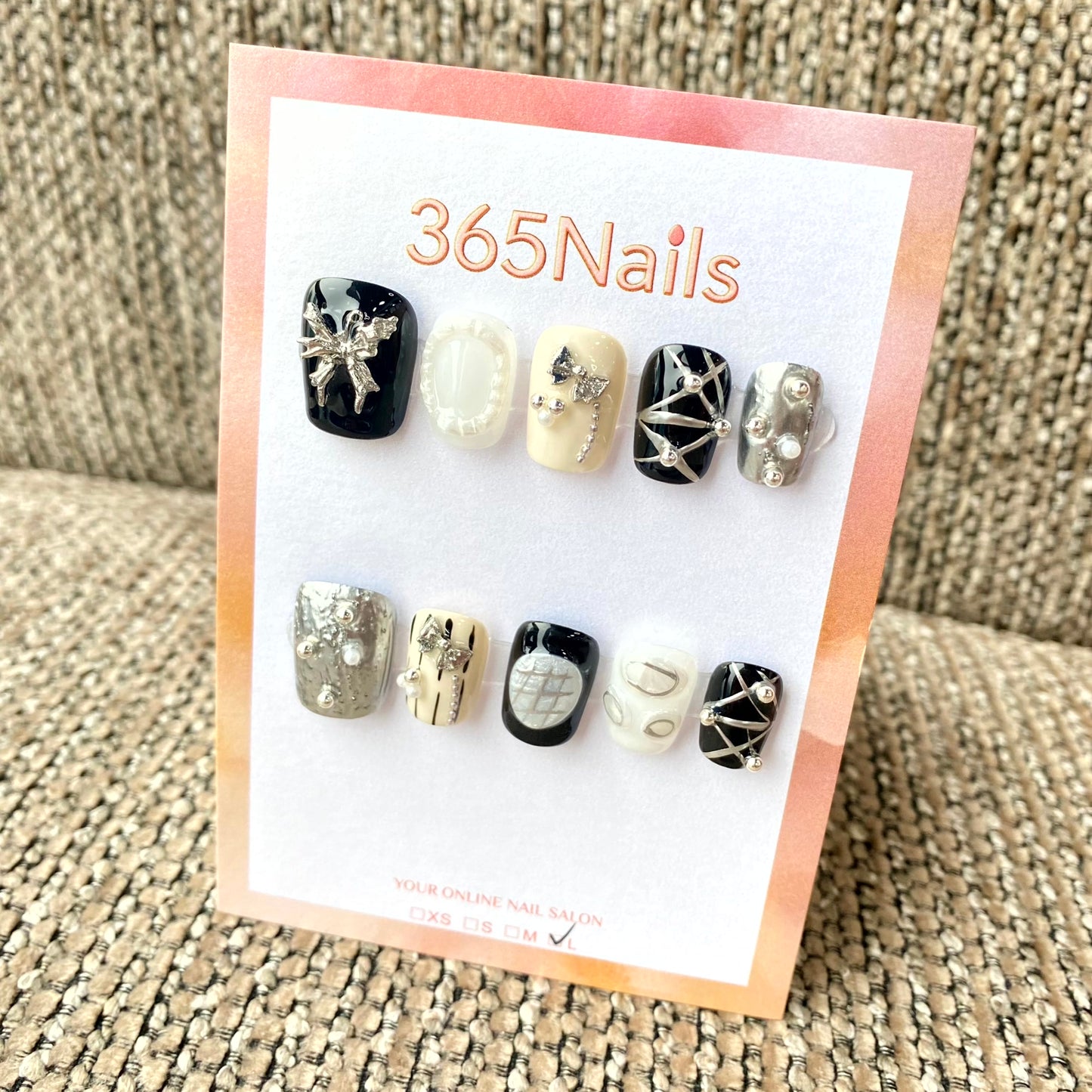365nails: "Cyber Silver Ribbon" – 3D Chrome Bow & Edgy Crossline Handmade Squoval Nails