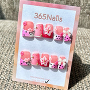 365nails: "Pink Flower Bow Short" – Handmade Short Trapezoid Press-On Nails