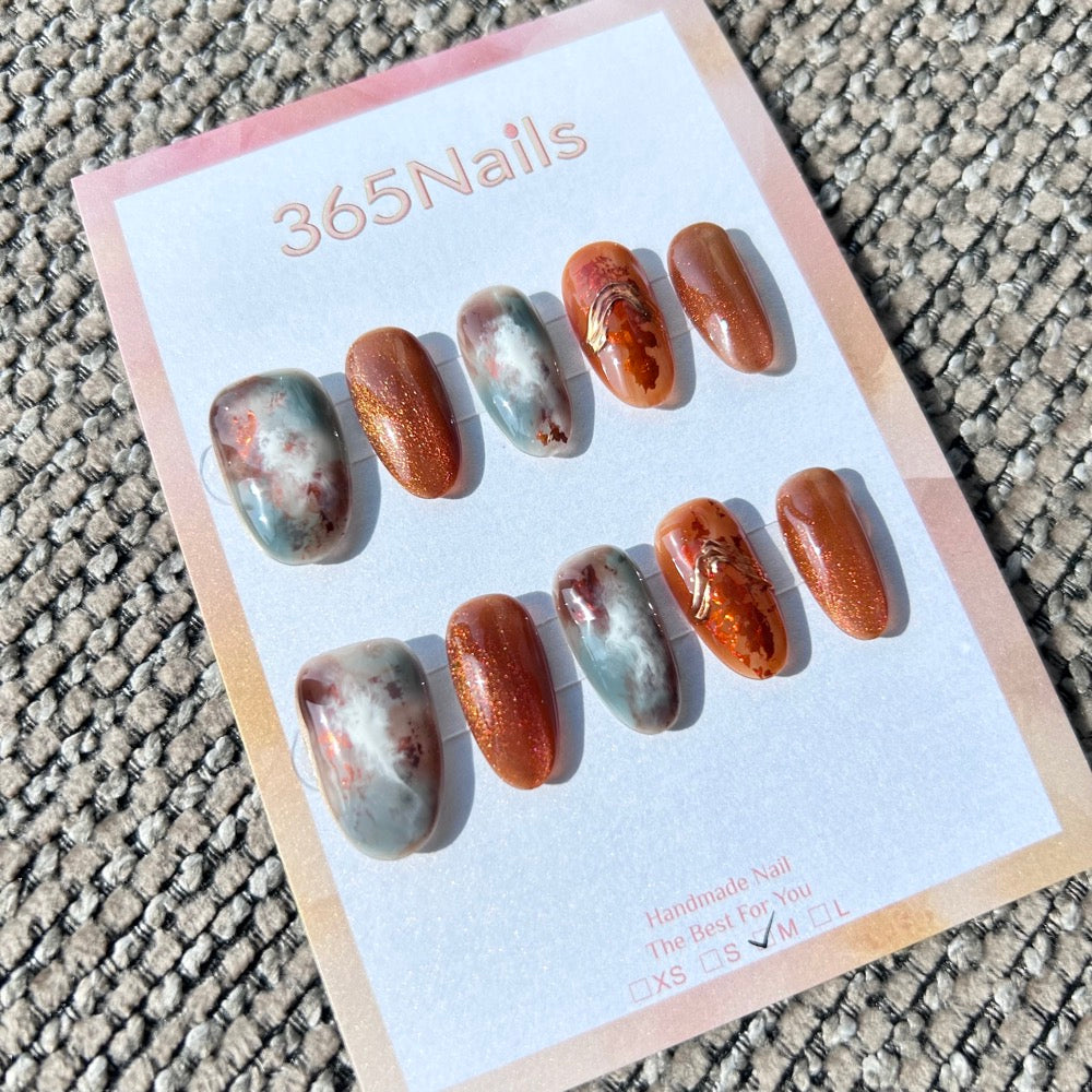 Ethereal Ink: "Autumn Mist" – Caramel Brown Cat Eye & Grey-Blue Cloud Marble with Gold Foil Oval Nails