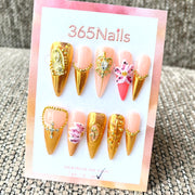 365nails: "왕실의 화려함" – 3D 골드 & 크리스탈 수제 스틸레토형 프레스온 네일