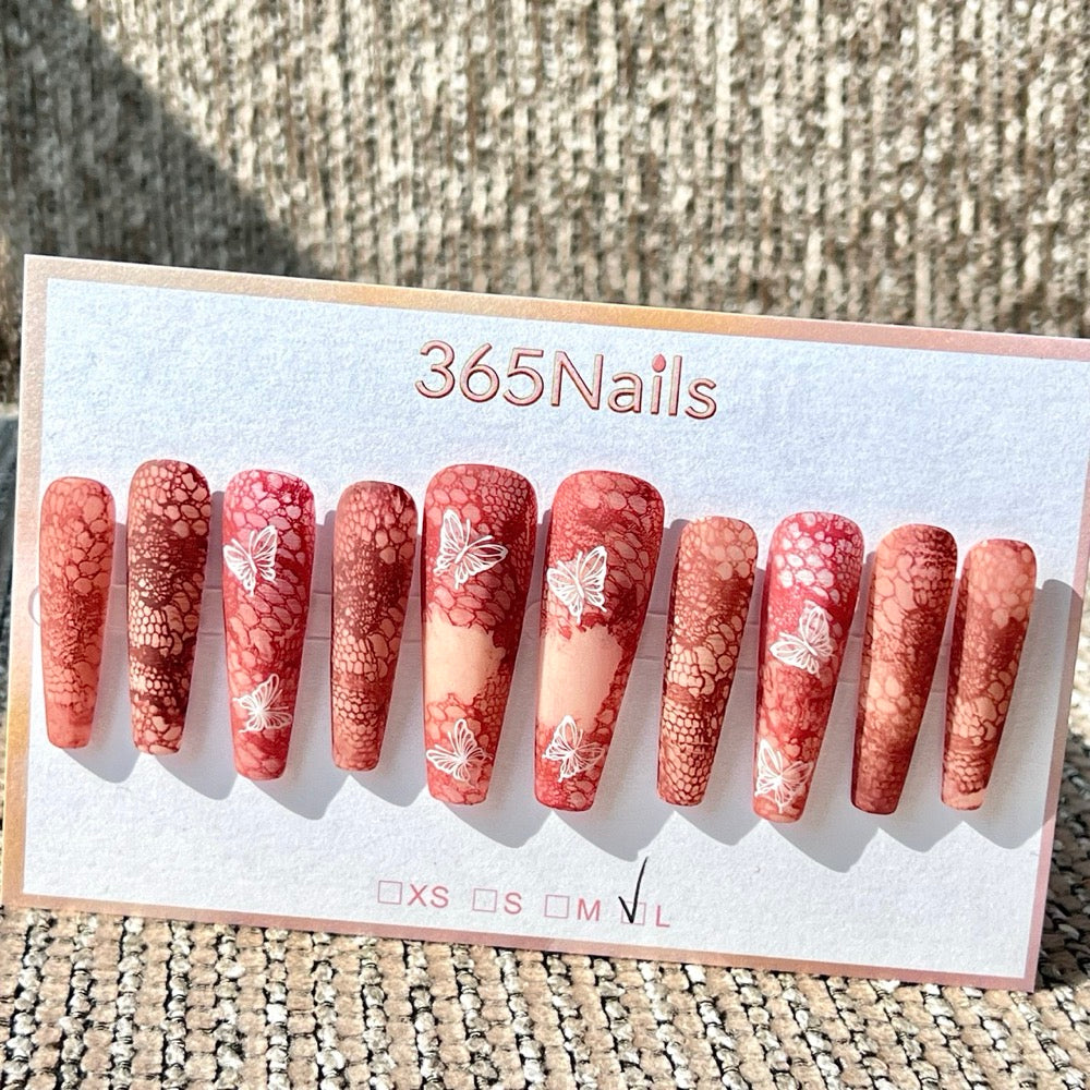 365nails: "Butterfly Lace Haze" – Red Nude Lace Butterfly Handmade Coffin Nails