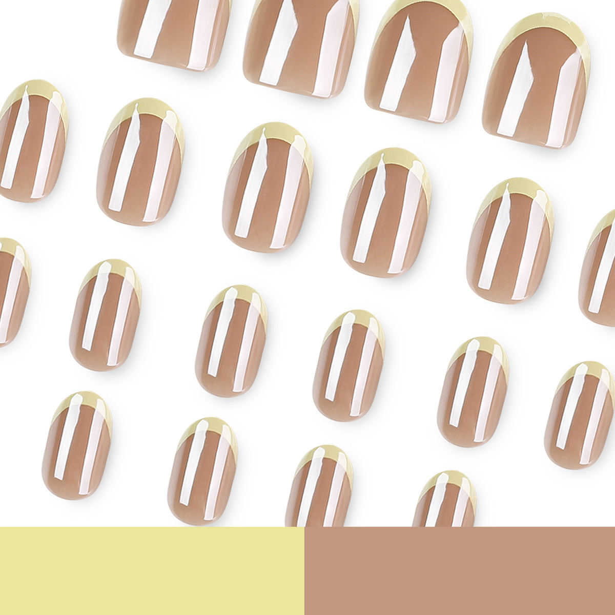 Scattered yellow French tip press-on nails with color swatches