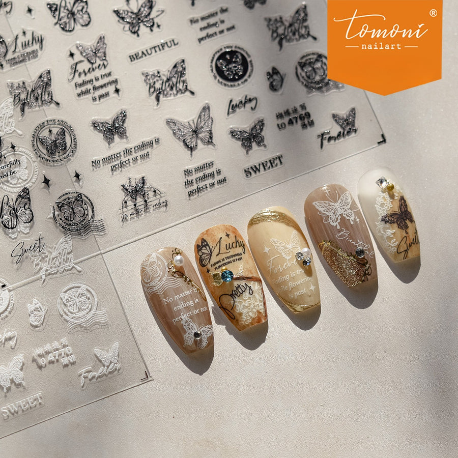 nail stickers Monochrome Floral & Butterfly Nail Stickers – 5D Embossed Vintage Sketch Set