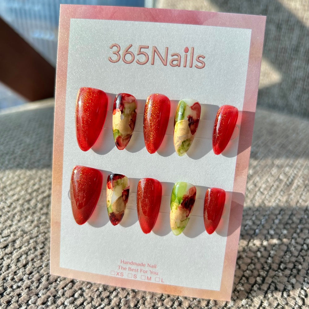 Vintage Manor & Gilded Rose Crystal Red & Green Oil Painting Nails ｜ Handmade Smudge Series(moq=30)