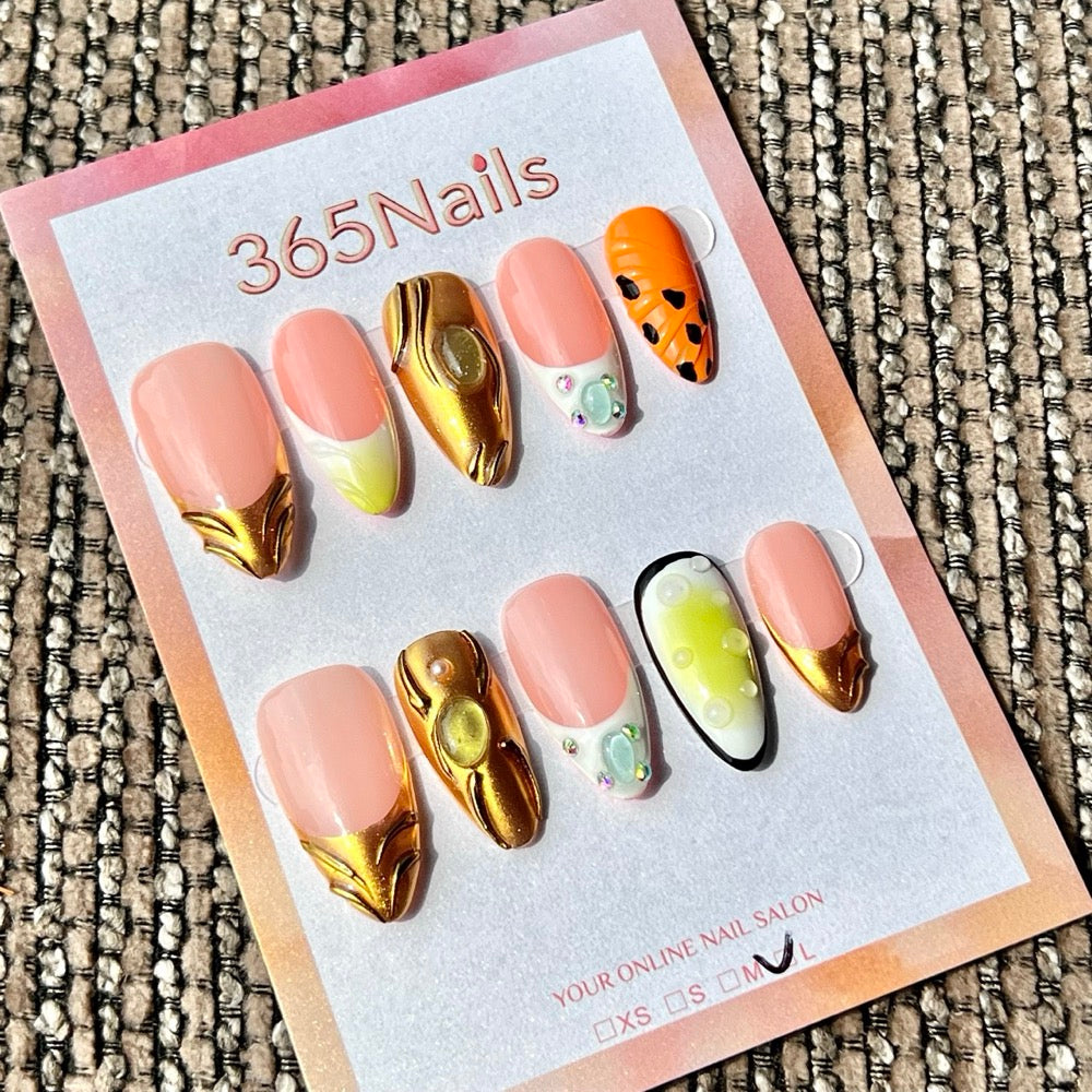 365nails: "Luxury Gold Chrome Citrus Mix" – Handmade Medium Stiletto Press-On Nails