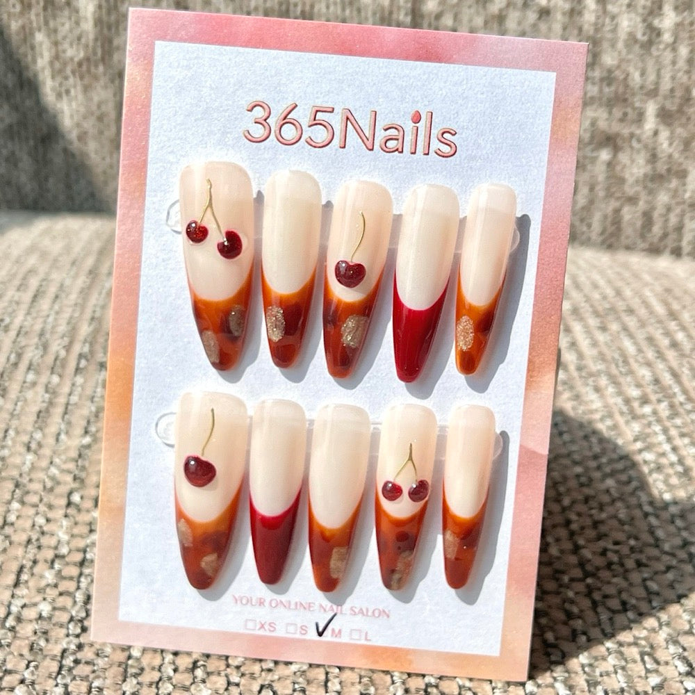 365nails: "Caramel Cherry Dream" – 3D 체리 & 마블 그라데이션 수제 스틸레토형 네일