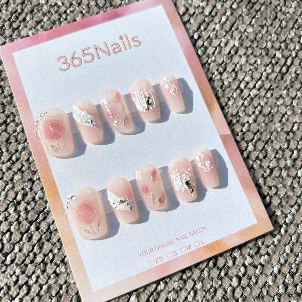 Sweet & Dopamine: "Blush Rose & Plaster Art" – Sheer Pink Base, White Texture Stroke, Silver Foil & Abstract Rose Press-on Nails