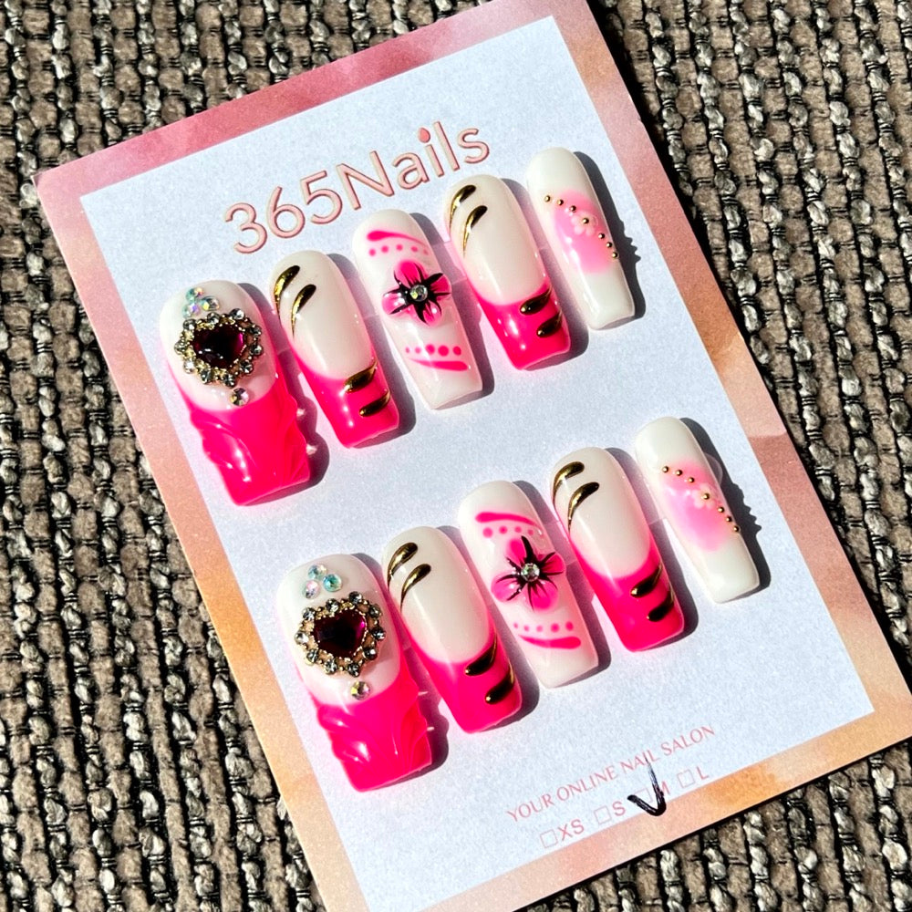 365nails: "Realeza Rosa Choque" – Unhas Postiças Cônicas com Coração de Joia 3D Feitas à Mão