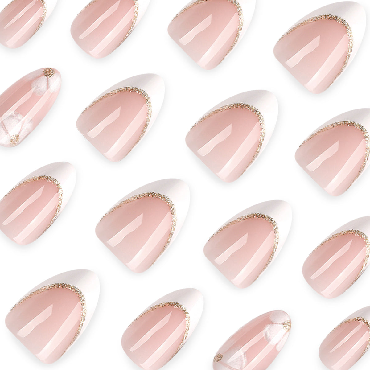 Close-up of glossy almond nails with pink nude body, white tip and gold glitter border