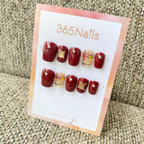 365nails: "Burgundy Plaid Gold Rhinestone" – handmade press-on nail
