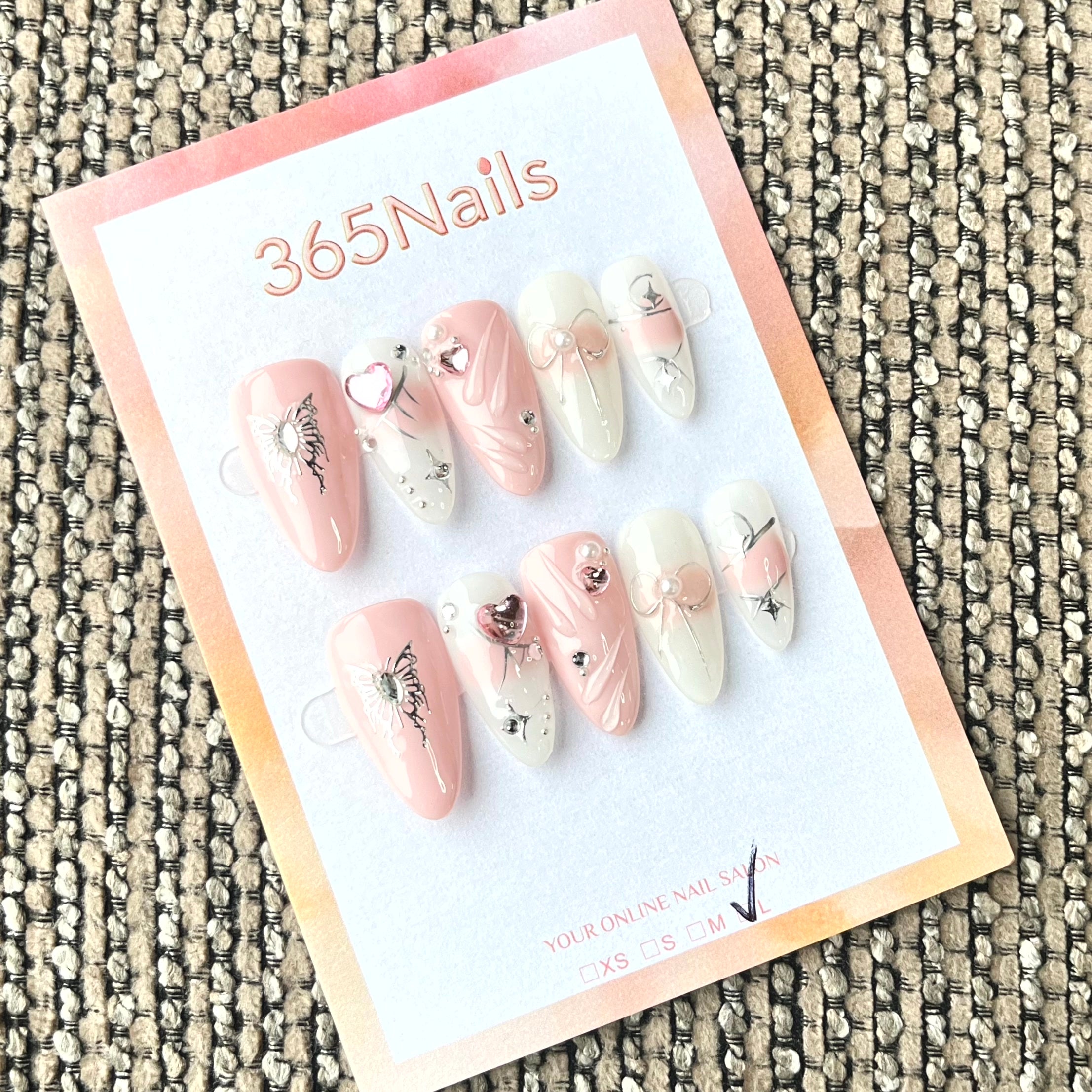 365nails: "Butterfly Ballet" – 3D Bow & Line Art Handmade Almond Nails