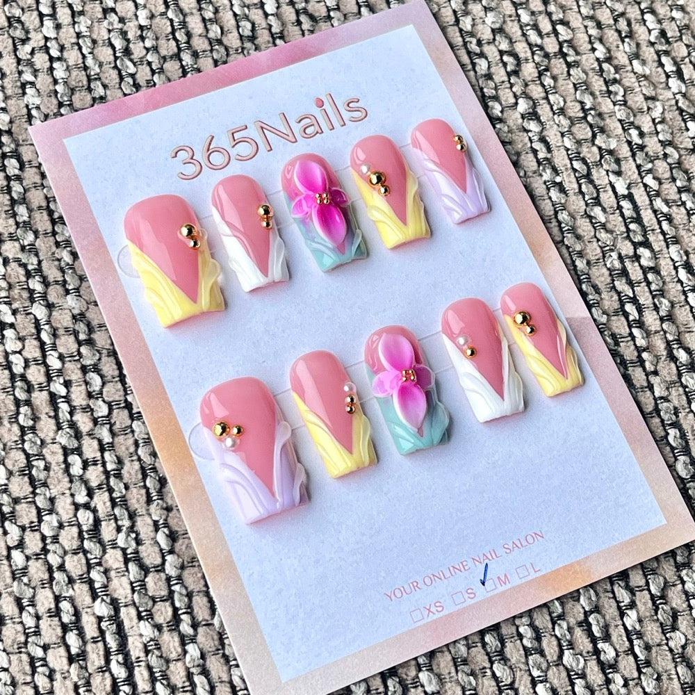 365nails: "Pastel 3D Floral Wave Gold Bead V French" – Hand Sculpted Flower Handmade Medium Square Nails