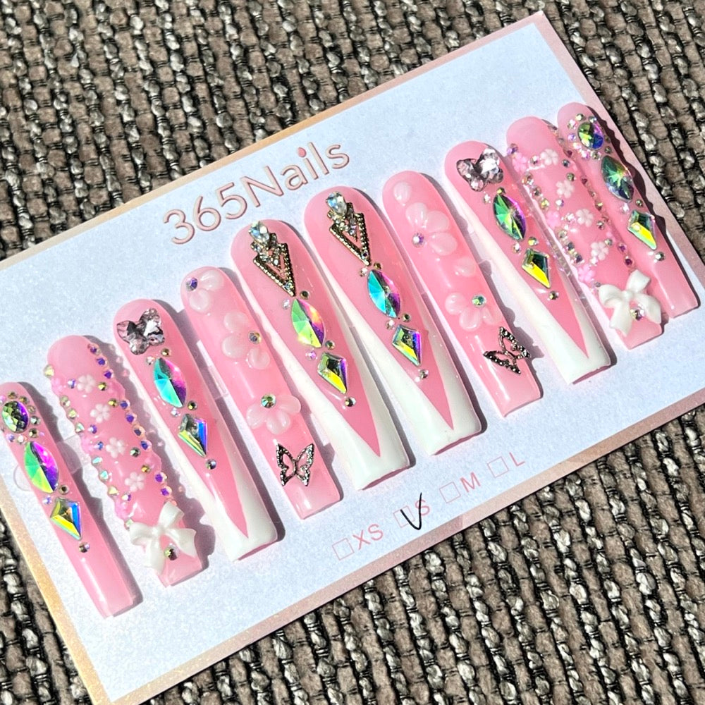 365nails: "Iridescent Dream" – 3D Butterfly & Crystal Handmade Long Coffin Nails
