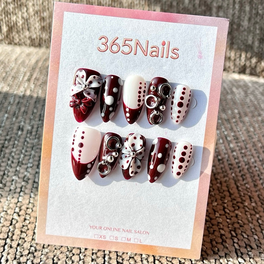 365nails: "Wine Red Polka Dot Bow" – Handmade Medium Almond Press-On Nails
