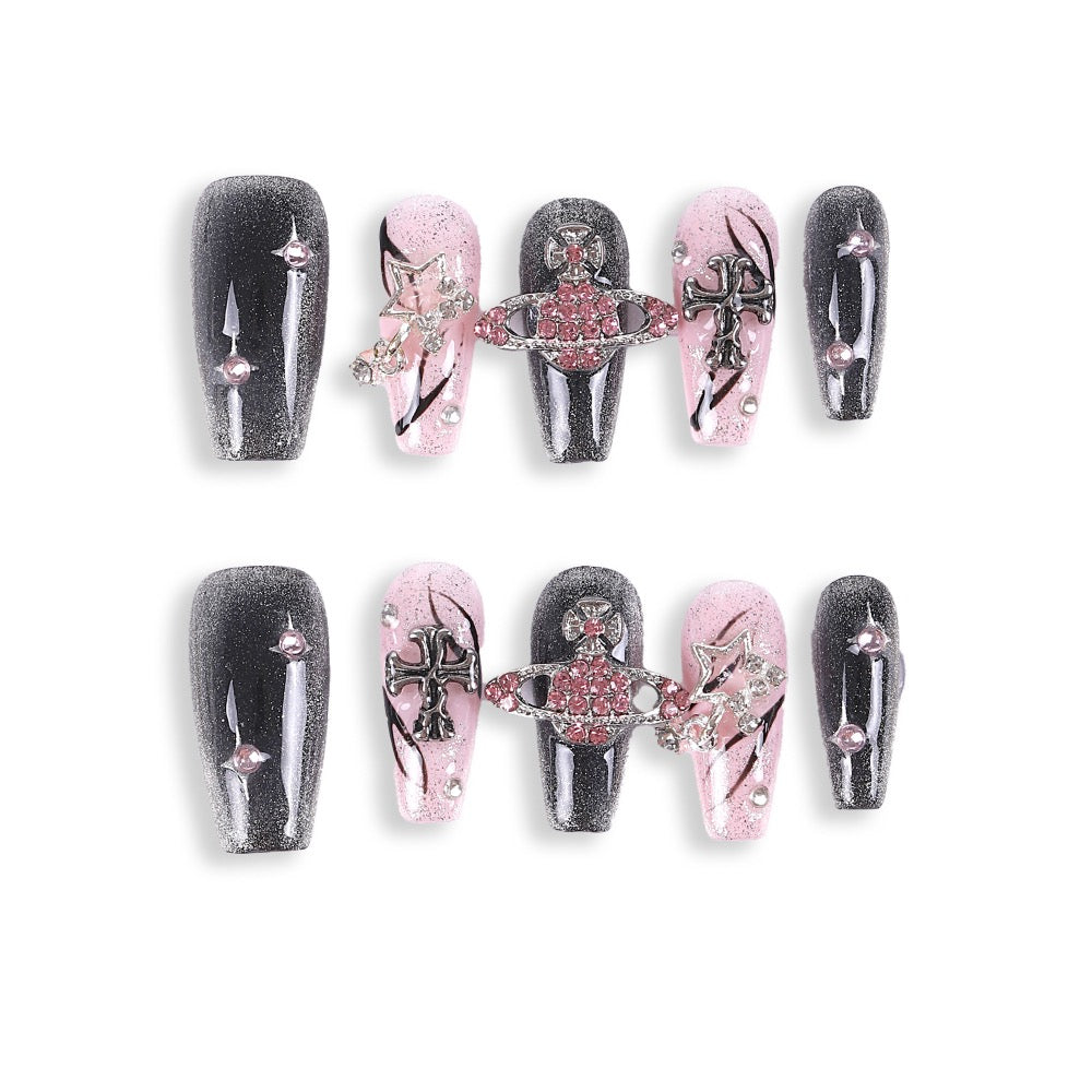 Uñas postizas 365Nails Dark Orbit rosa y negro con brillantes.