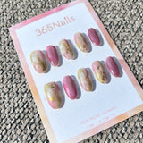 Ethereal Ink: "Spring Garden" – Rose Pink & Sage Green Marble with Pink Cat Eye & Gold Foil Oval Nails