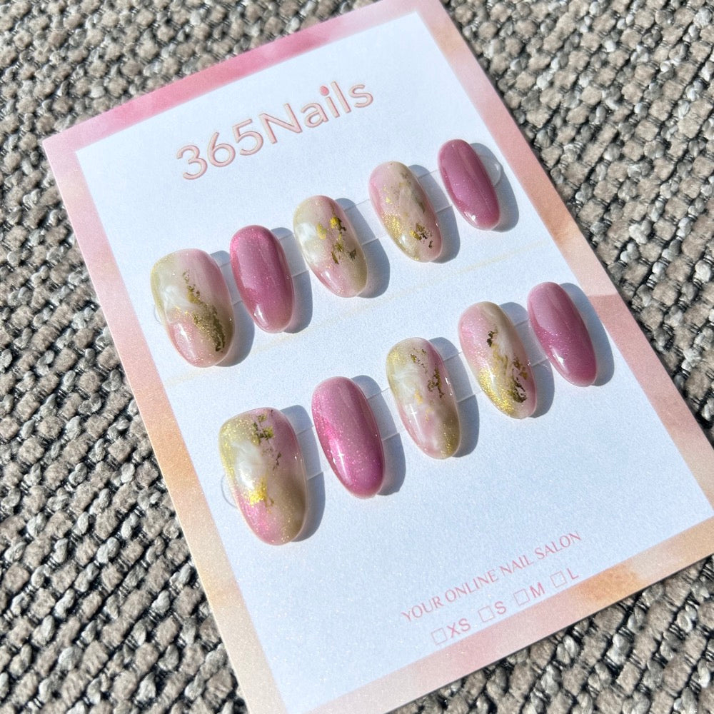 Ethereal Ink: "Spring Garden" – Rose Pink & Sage Green Marble with Pink Cat Eye & Gold Foil Oval Nails