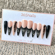 365nails 블랙 누드 불꽃 그라데이션 미디엄 수제 스틸레토형 프레스온 네일
