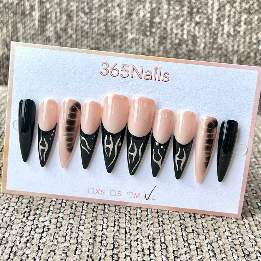365nails 블랙 누드 불꽃 그라데이션 미디엄 수제 스틸레토형 프레스온 네일