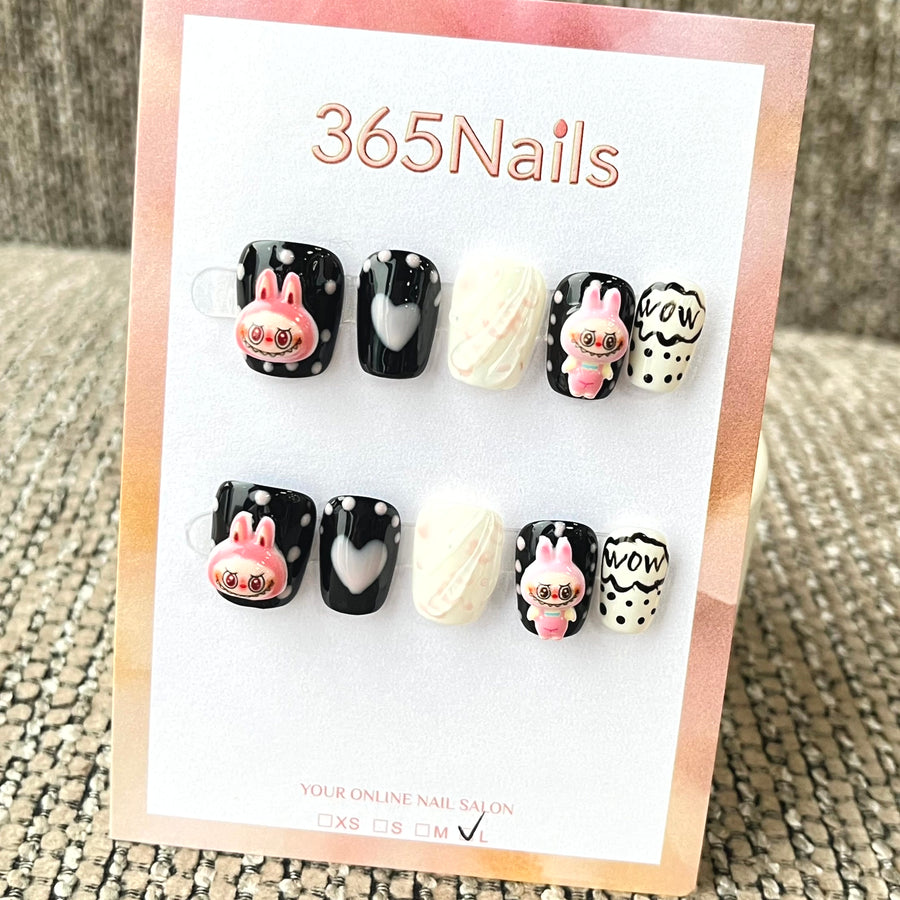 365nails: "레트로 팝 버니" – 3D 캐릭터 수제 스퀘어형 네일