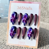 Sculpted Flora: "Midnight Orchid" – 3D Translucent Purple Floral & Shimmering Cat-Eye Long Stiletto Nails