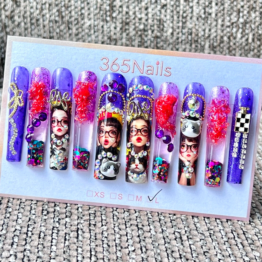365nails: "Purple Pop Doll" – Handmade Cartoon Liquid Motion Press-On Long Pipe Nails-5.5cm