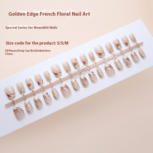 Nail Tips  Prefabricated Nail Cream Yellow French Phnom Penh Flowers Gentle Temperament Girls Fashion Versatile Detachable Wear Nail Points｜365nails