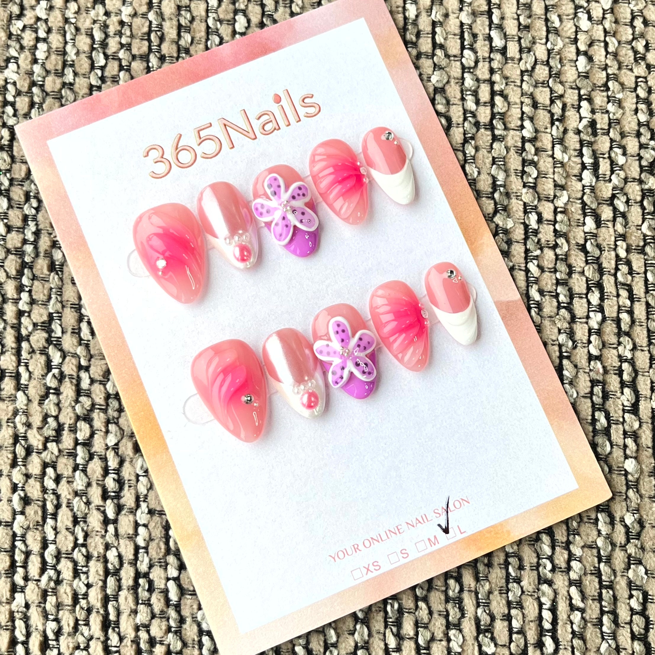 365nails: "Sweet Whispers" – 3D Floral & French Tip Handmade Almond Nails