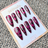 Femme Fatale: "Twilight Whisper" – Berry Pink Jelly Base with Black Butterfly Silhouettes & Silver Gothic Calligraphy Long Stiletto Nails