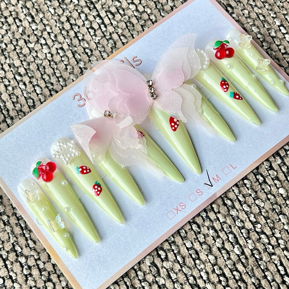 365nails: "Mint Green Strawberry Cherry Long" – Handmade Long Stiletto Press-On Nails