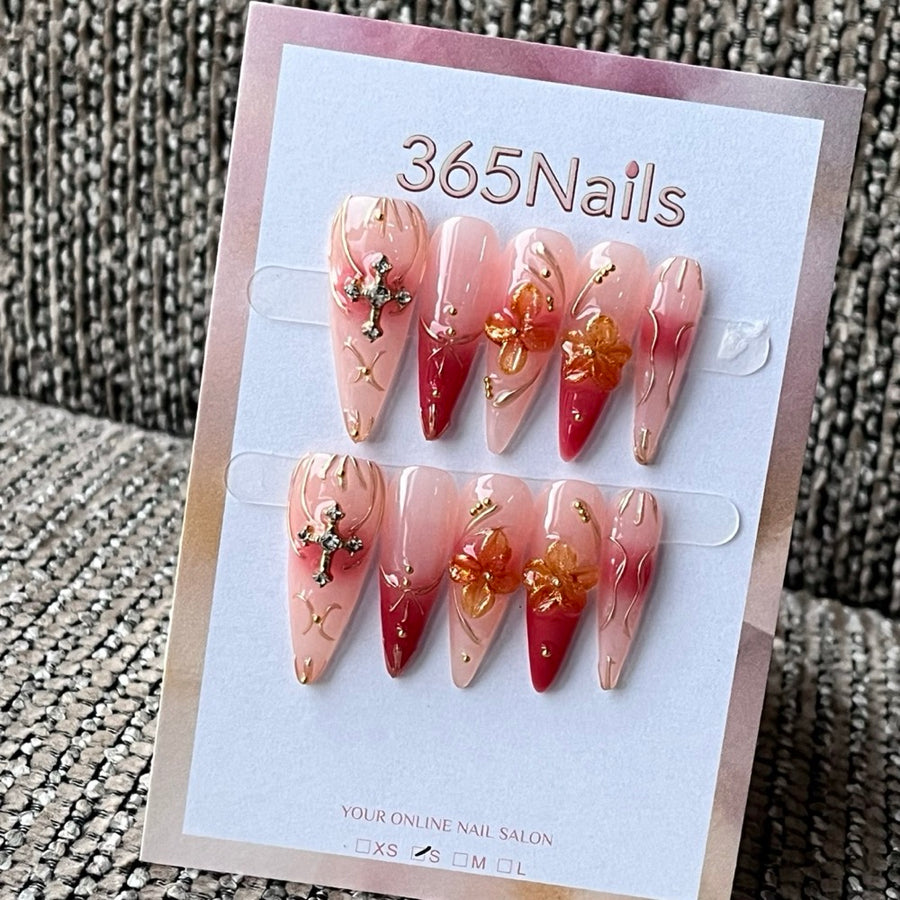 Handmade Ombre Almond Press-On Nails with 3D Flowers & Cross Charms