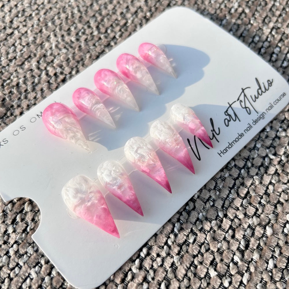 Peach Cloud Marble Press On Nails｜Pink & White  Stiletto