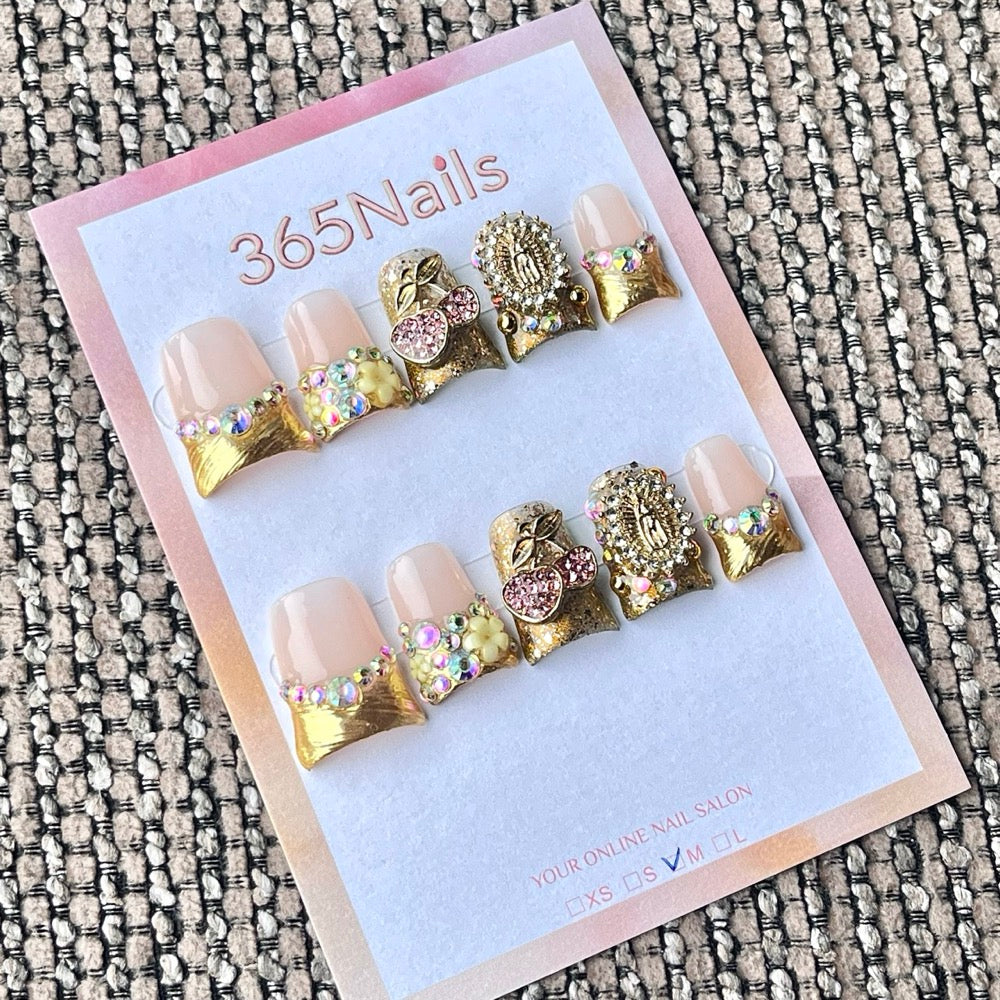 365nails: "Luxury Gold Foil Rhinestone Heart Floral Virgin Mary Metal" – Premium Bling Handmade Medium Square Nails