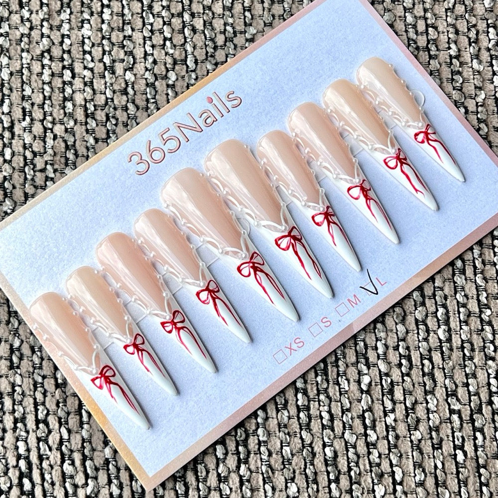 365nails: "絲綢緞帶" – 手工製手繪蝴蝶結法式穿戴甲 長款 尖形