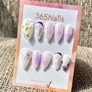 365nails: 라벤더 릴리 나비 날개 수제 미디엄 스틸레토형 프레스온 네일