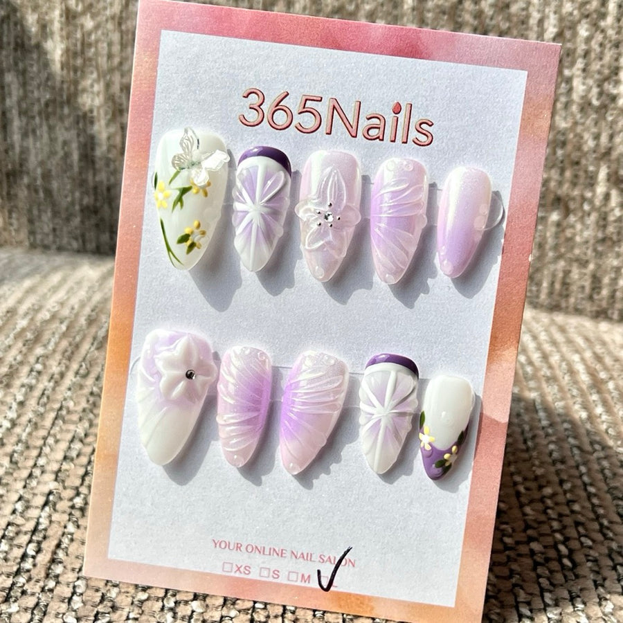365nails: "Lavender Lily Butterfly Wing" – Handmade Medium Stiletto Press-On Nails
