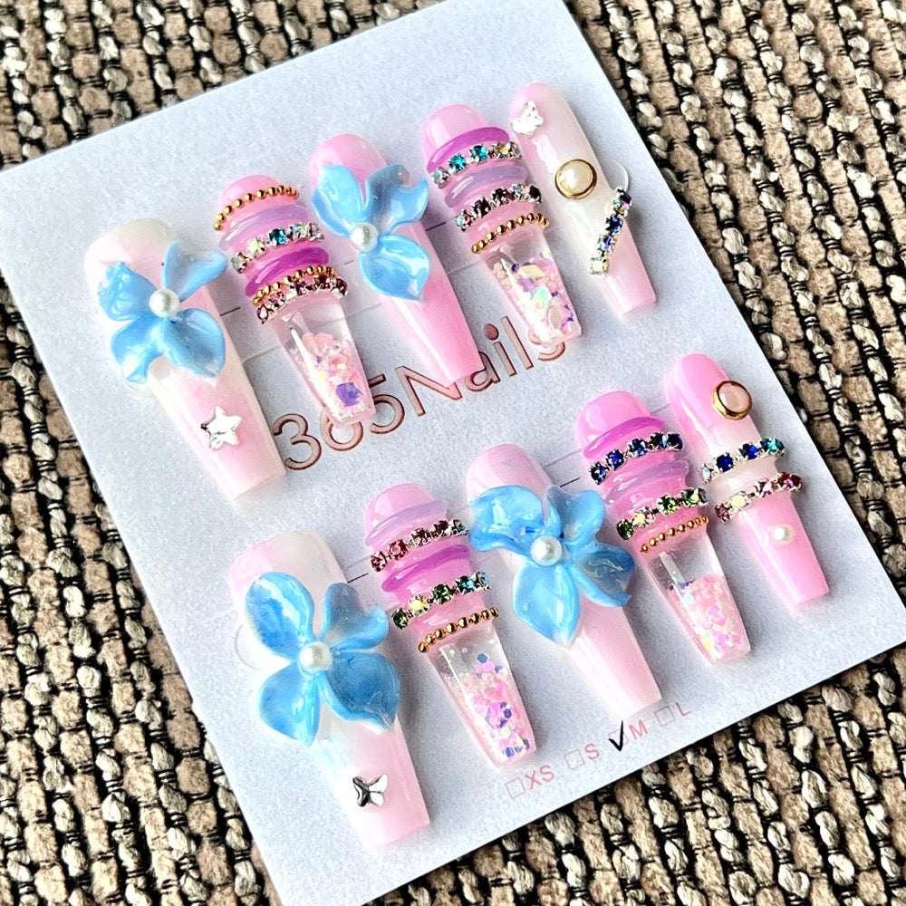 365nails: "Sky Blue Orchid Bloom" – Handmade Liquid Motion Press-On Medium Square Nails-3.5cm