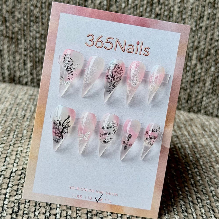 365nails: "Blush Floral Butterfly Script" – Silver Glitter Handmade Long Stiletto Nails
