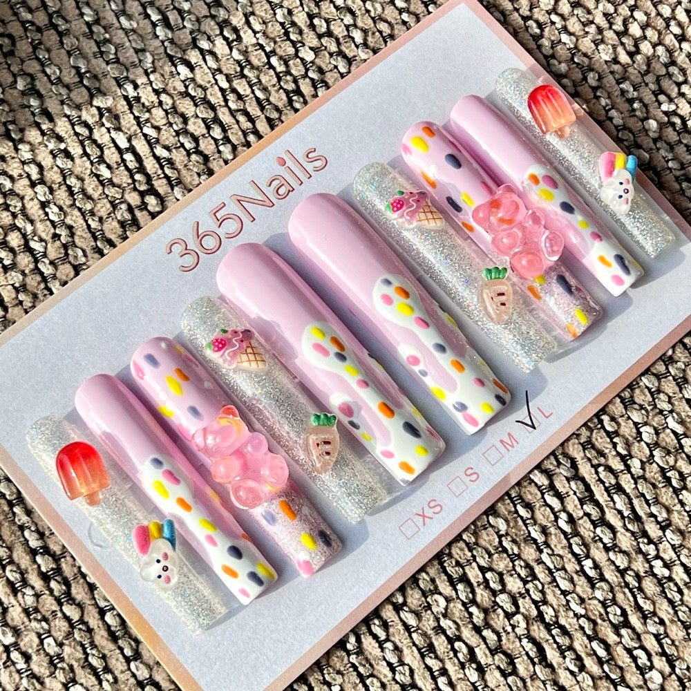 365nails: "Lavender Ice Cream Bear" – Handmade Long Trapezoid Press-On Nails
